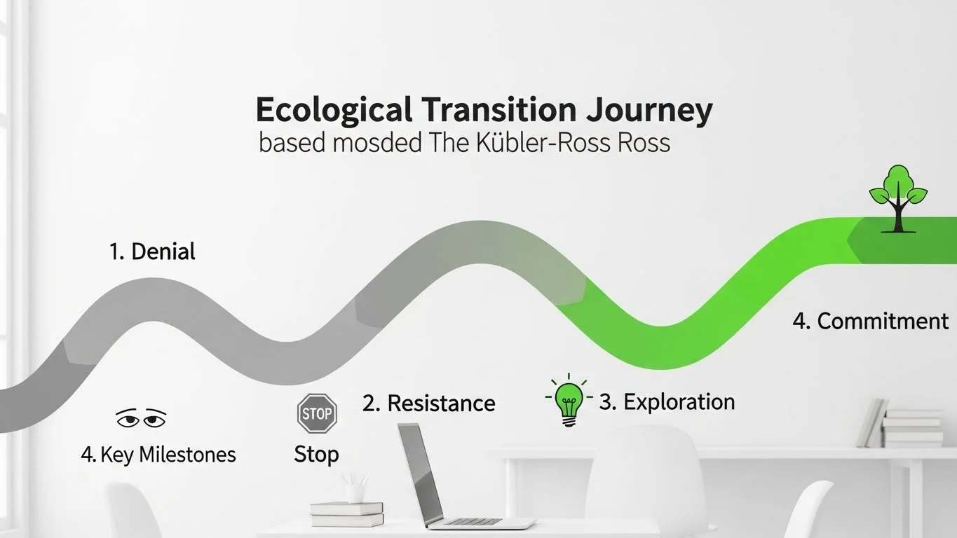 Infographie des 4 étapes de la transition écologique en entreprise : déni, résistance, exploration et engagement LED.