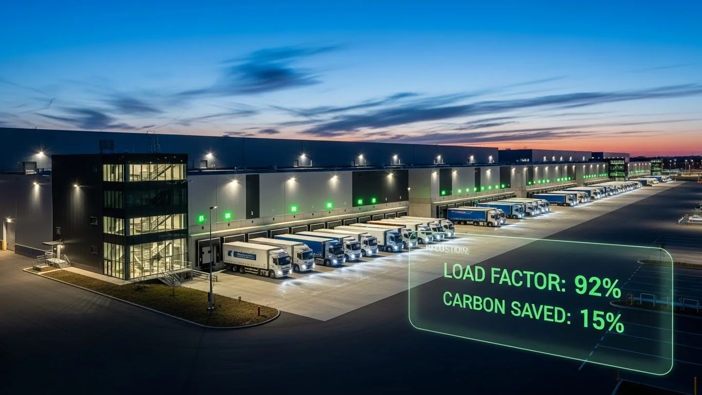 Tableau de bord logistique LED affichant l'optimisation du taux de remplissage et la réduction du carbone.