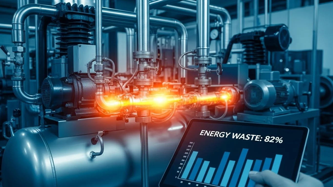 Visualisation des fuites d'air comprimé et perte d'énergie de 82% sur un compresseur industriel