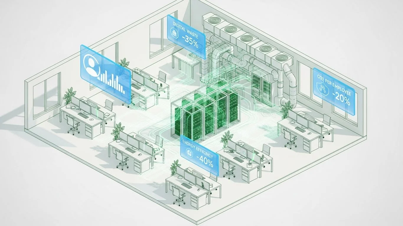 Infographie technique LED Services : optimisation des flux tertiaires et sobriété numérique.