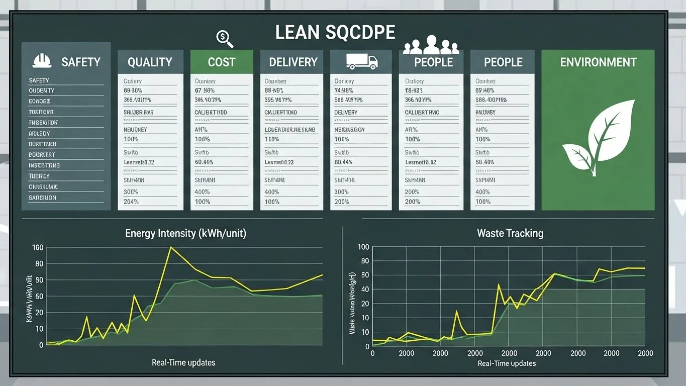 Schéma d'un tableau SQCDP-E intégrant le pilotage de l'environnement (énergie, déchets) à la performance opérationnelle classique.