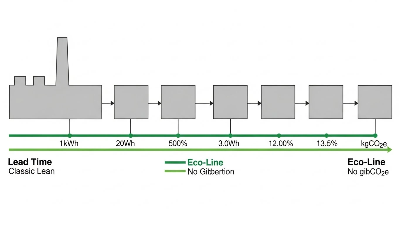 Infographie technique Green VSM comparant la timeline Lead Time et la ligne d'efficience énergétique - Theos Consulting