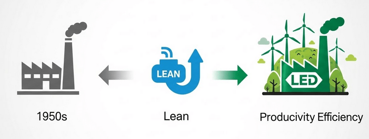 Frise chronologique de l'évolution du Lean Management vers le Lean Environnement Durable LED - Theos Consulting